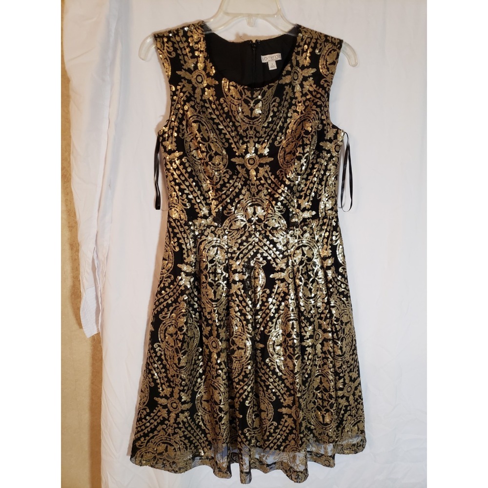 Women's Eva Mendes Black And Gold Sequined Sleeveless Dress Size 4